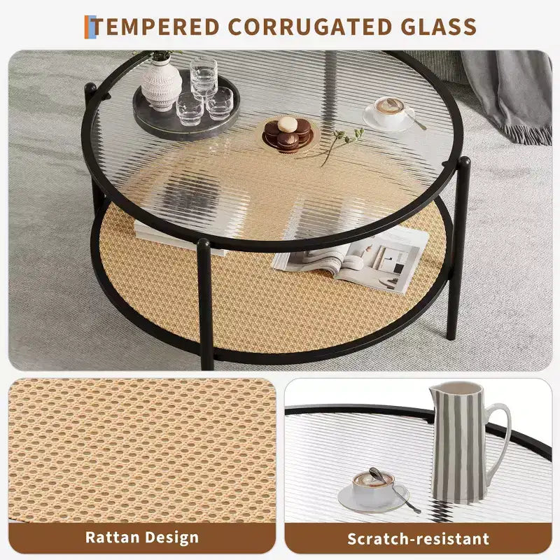 Tavolino rotondo in rattan da 30 pollici con ripiano, tavolino da caffè circolare a 2 livelli con vetro effetto onda per soggiorno, tavolino finale moderno piccolo rotondo nero e oro