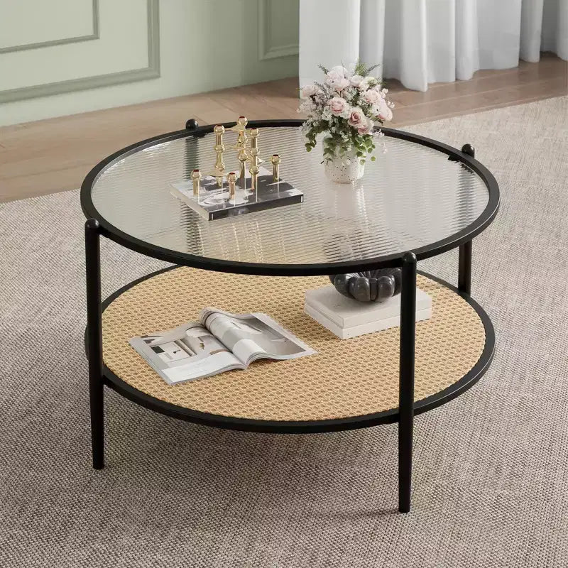 Tavolino rotondo in rattan da 30 pollici con ripiano, tavolino da caffè circolare a 2 livelli con vetro effetto onda per soggiorno, tavolino finale moderno piccolo rotondo nero e oro