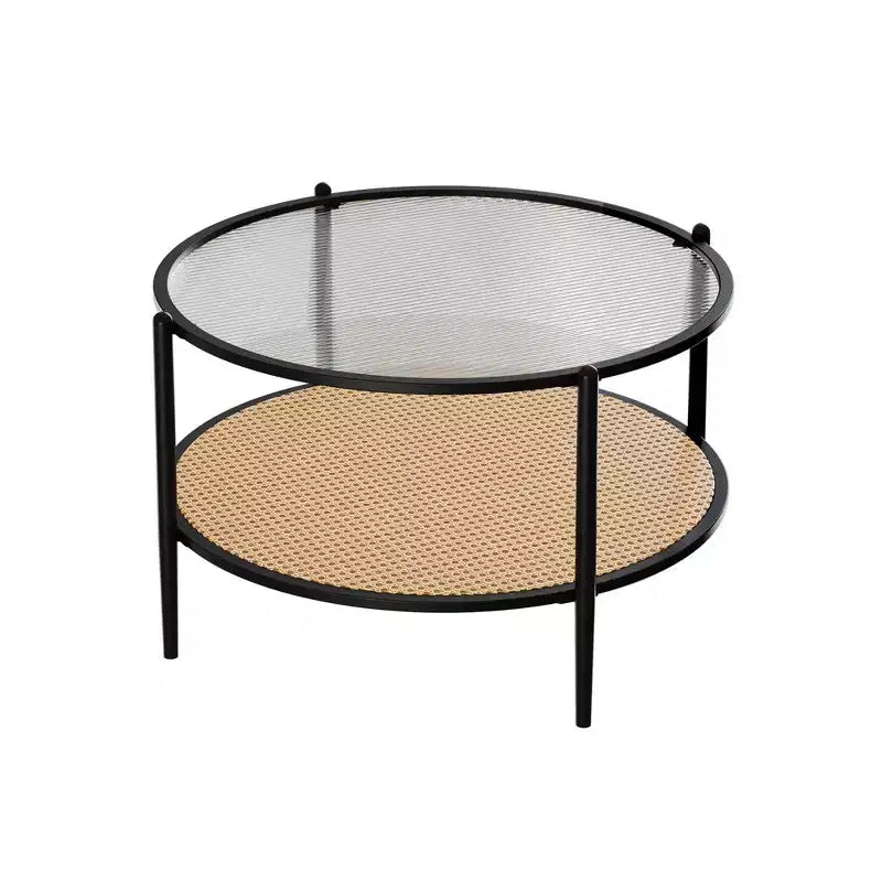 Tavolino rotondo in rattan da 30 pollici con ripiano, tavolino da caffè circolare a 2 livelli con vetro effetto onda per soggiorno, tavolino finale moderno piccolo rotondo nero e oro