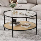 30 Round Rattan Coffee Table with Storage, 2-Tier Circle Water-Wave Glass Center Table for Living Room, Modern Small Circle Black Gold End Table