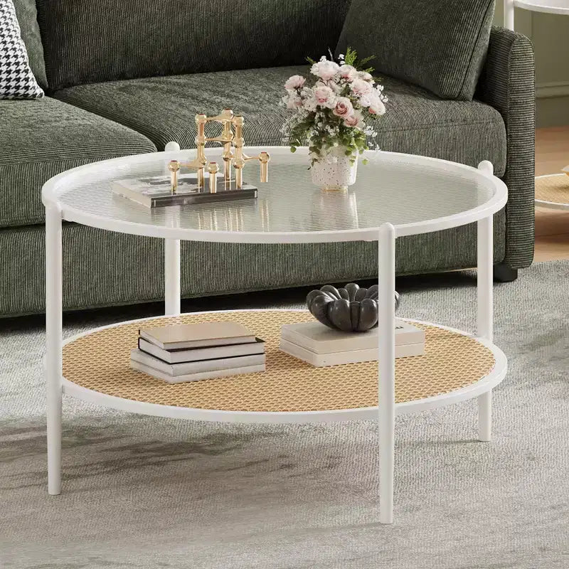 Tavolino rotondo in rattan da 30 pollici con ripiano, tavolino da caffè circolare a 2 livelli con vetro effetto onda per soggiorno, tavolino finale moderno piccolo rotondo nero e oro