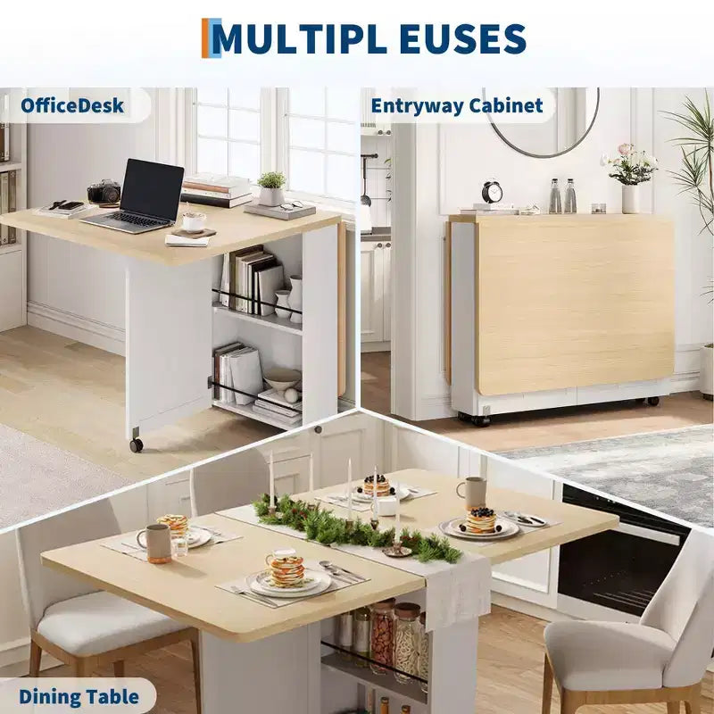 Tavolo da Pranzo Pieghevole Convertibile con Contenitore, Carrello da Cucina con Ruote e Ripiani per Piccoli Spazi, in Legno Ingegnerizzato