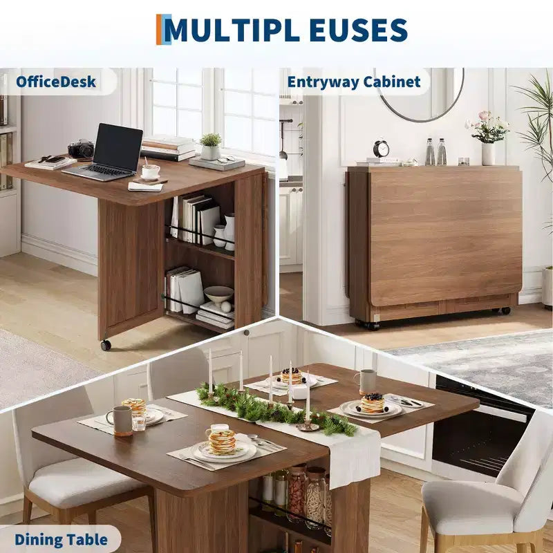 Tavolo da Pranzo Pieghevole Convertibile con Contenitore, Carrello da Cucina con Ruote e Ripiani per Piccoli Spazi, in Legno Ingegnerizzato