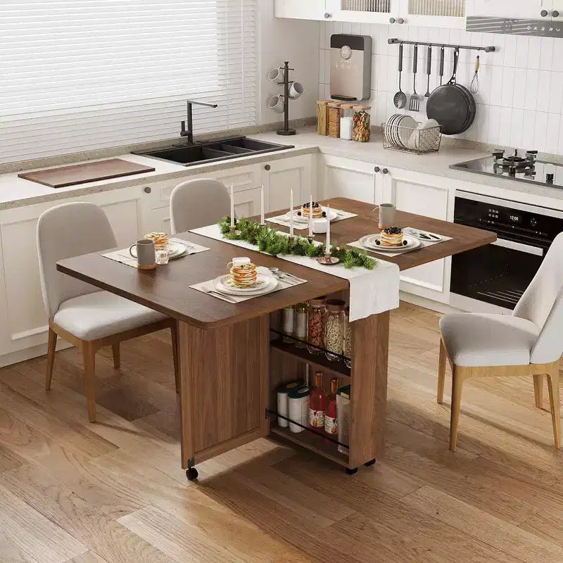 Tavolo da Pranzo Pieghevole Convertibile con Contenitore, Carrello da Cucina con Ruote e Ripiani per Piccoli Spazi, in Legno Ingegnerizzato