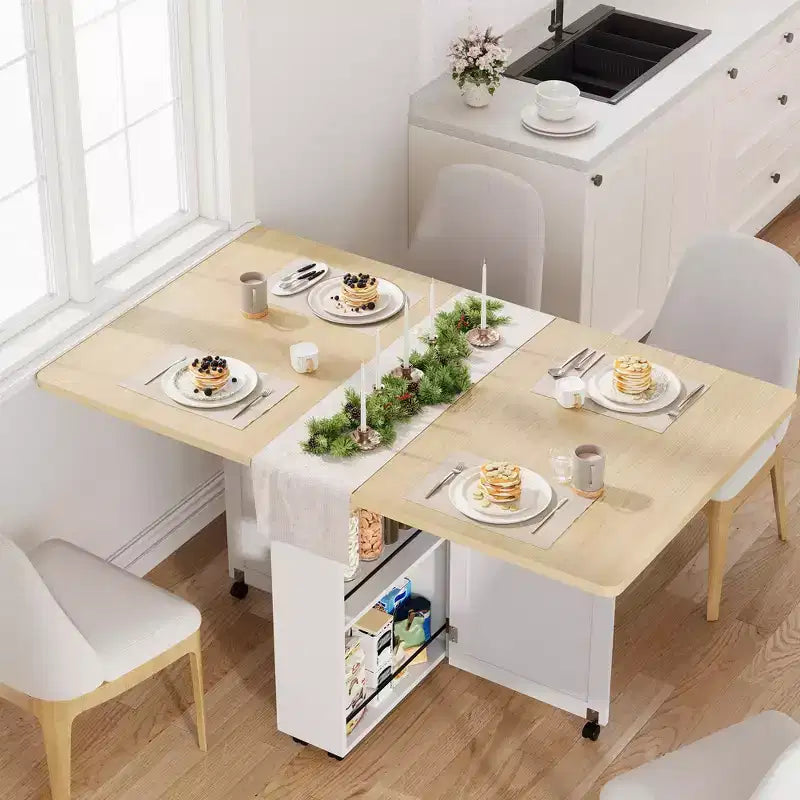 Tavolo da Pranzo Pieghevole Convertibile con Contenitore, Carrello da Cucina con Ruote e Ripiani per Piccoli Spazi, in Legno Ingegnerizzato