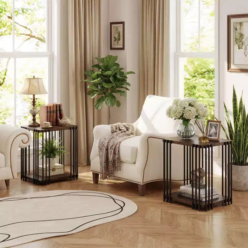 Tavolino laterale in legno di gomma da 1/2 pz con 2 ripiani, struttura in metallo per soggiorno