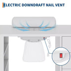 Tavolo professionale da nail salon con piano in vetro, dotato di aspiratore di polveri sottili, poggiapolso, cassetti e armadietti, colore bianco.