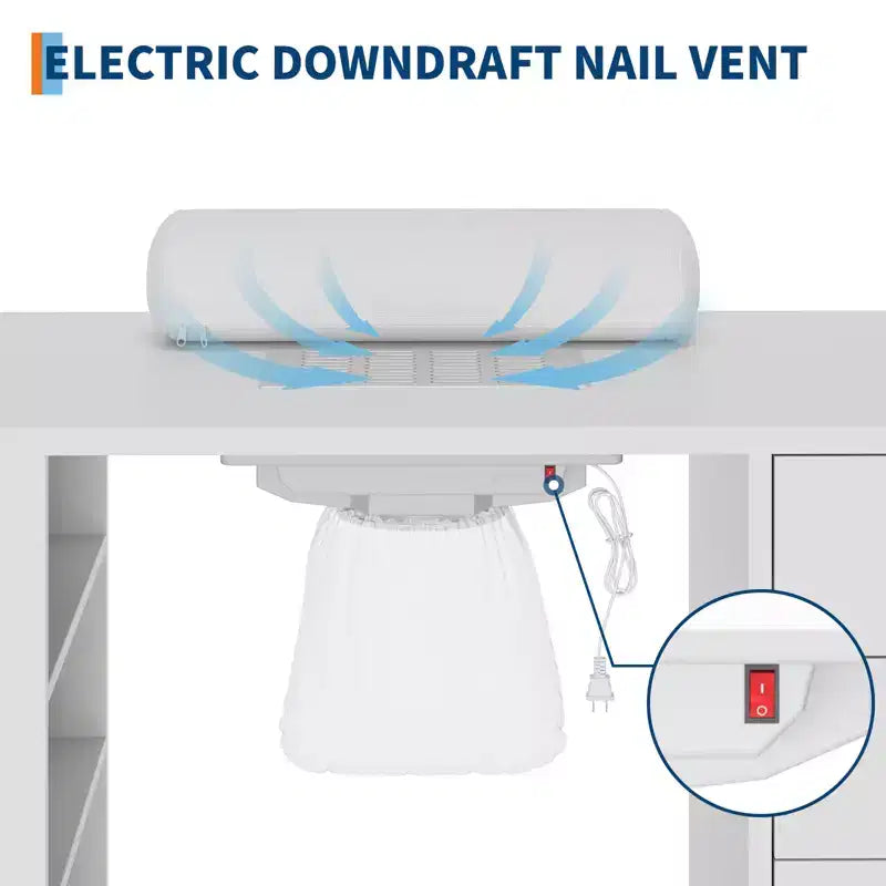 Tavolo professionale da nail salon con piano in vetro, dotato di aspiratore di polveri sottili, poggiapolso, cassetti e armadietti, colore bianco.
