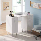 Tavolo professionale da nail salon con piano in vetro, dotato di aspiratore di polveri sottili, poggiapolso, cassetti e armadietti, colore bianco.