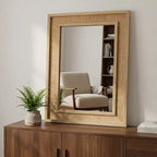 Specchio da parete decorativo rettangolare in rattan 24 x 36 con cornice in legno, specchio decorativo in stile rustico per bagno, ingresso o arredamento della casa