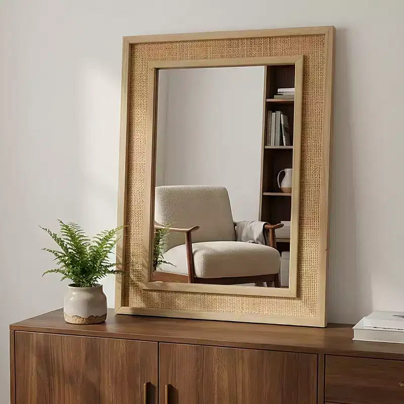 Specchio da parete decorativo rettangolare in rattan 24 x 36 con cornice in legno, specchio decorativo in stile rustico per bagno, ingresso o arredamento della casa