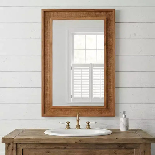 Specchio da parete decorativo rettangolare in rattan 24 x 36 con cornice in legno, specchio decorativo in stile rustico per bagno, ingresso o arredamento della casa