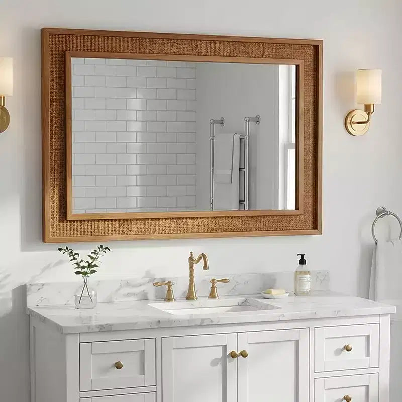 Specchio da parete decorativo rettangolare in rattan 24 x 36 con cornice in legno, specchio decorativo in stile rustico per bagno, ingresso o arredamento della casa