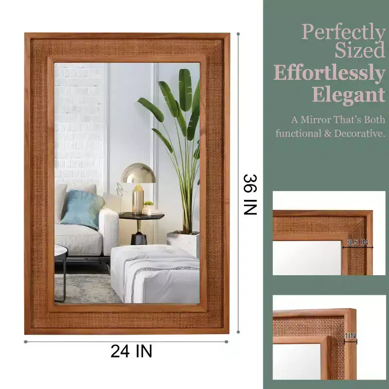 Specchio da parete decorativo rettangolare in rattan 24 x 36 con cornice in legno, specchio decorativo in stile rustico per bagno, ingresso o arredamento della casa