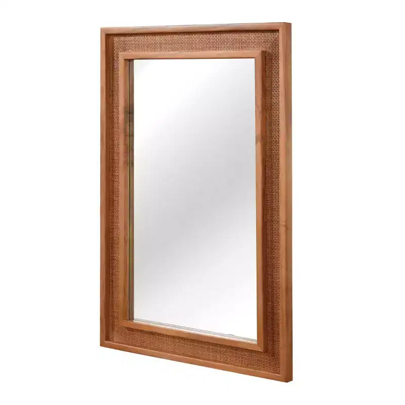 Specchio da parete decorativo rettangolare in rattan 24 x 36 con cornice in legno, specchio decorativo in stile rustico per bagno, ingresso o arredamento della casa