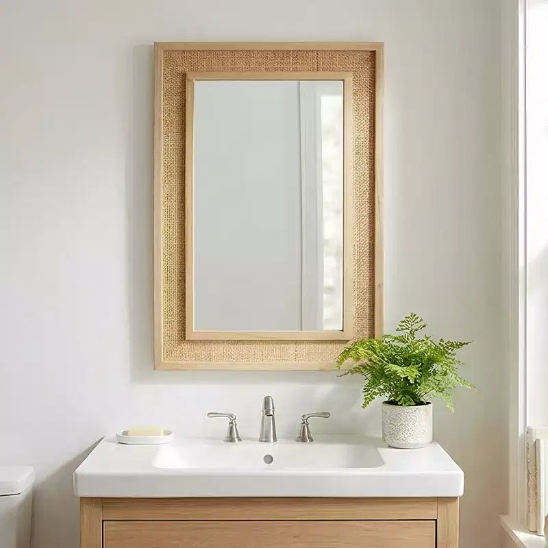 Specchio da parete decorativo rettangolare in rattan 24 x 36 con cornice in legno, specchio decorativo in stile rustico per bagno, ingresso o arredamento della casa