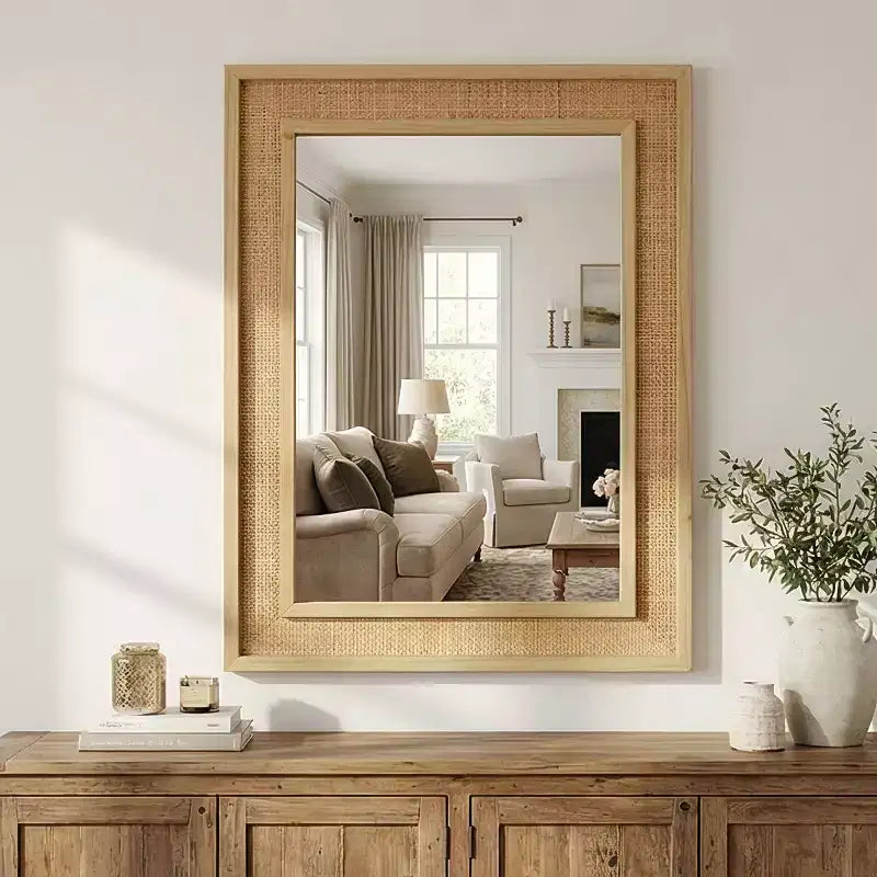 Specchio da parete decorativo rettangolare in rattan 24 x 36 con cornice in legno, specchio decorativo in stile rustico per bagno, ingresso o arredamento della casa