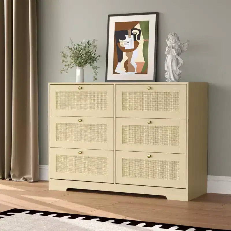 Cassettiera Moderna Bohemien in Rattan a 6 Cassetti, Comò in Vimini con Gambe in Legno Massello, Organizzatore Autoportante per Camera da Letto e Soggiorno