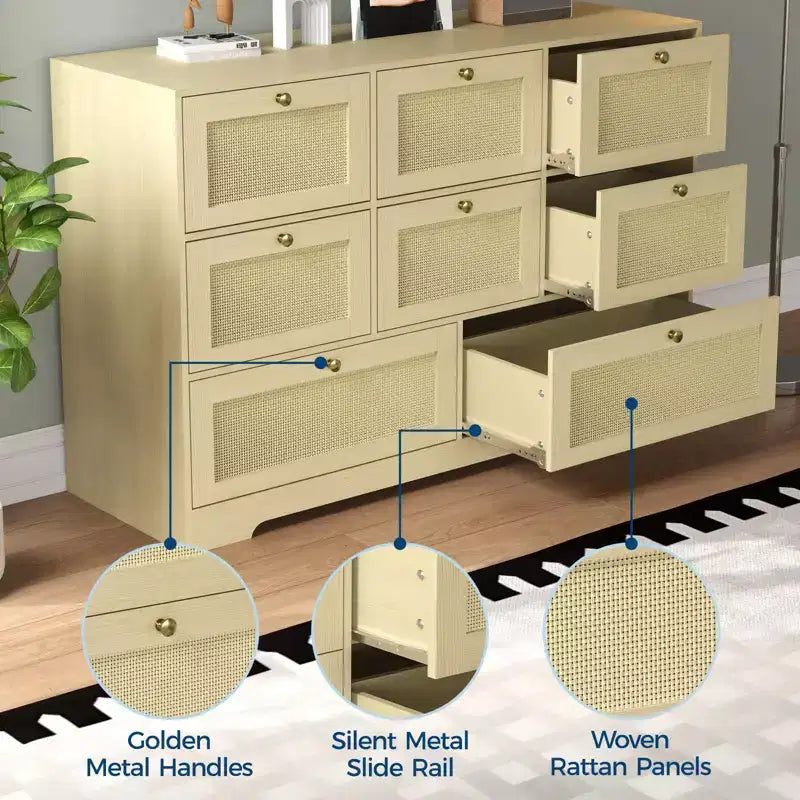 Cassettiera Moderna Bohemien in Rattan a 6 Cassetti, Comò in Vimini con Gambe in Legno Massello, Organizzatore Autoportante per Camera da Letto e Soggiorno