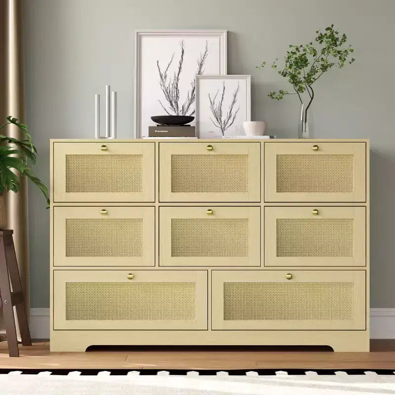 Cassettiera Moderna Bohemien in Rattan a 6 Cassetti, Comò in Vimini con Gambe in Legno Massello, Organizzatore Autoportante per Camera da Letto e Soggiorno