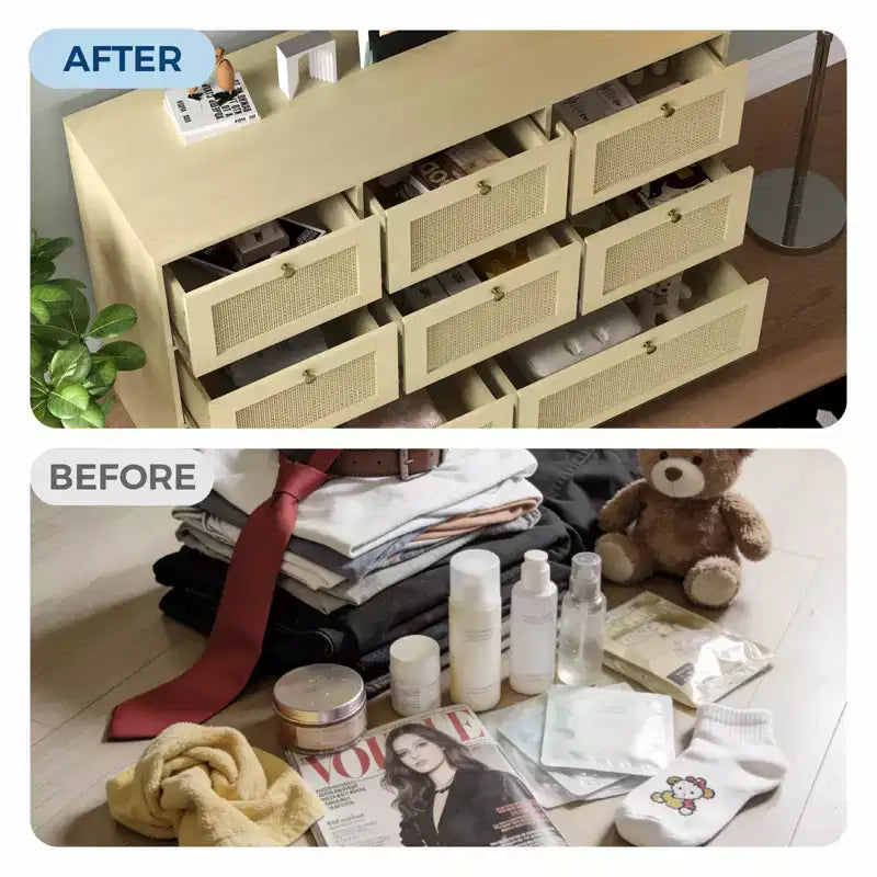 Cassettiera Moderna Bohemien in Rattan a 6 Cassetti, Comò in Vimini con Gambe in Legno Massello, Organizzatore Autoportante per Camera da Letto e Soggiorno