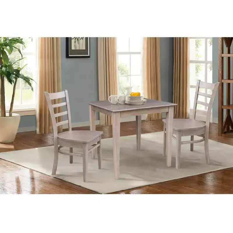 Tavolo da pranzo 76x76 cm in legno massello e 2 sedie Emily tortora grigio lavato: Parawood, quadrato, non allungabile