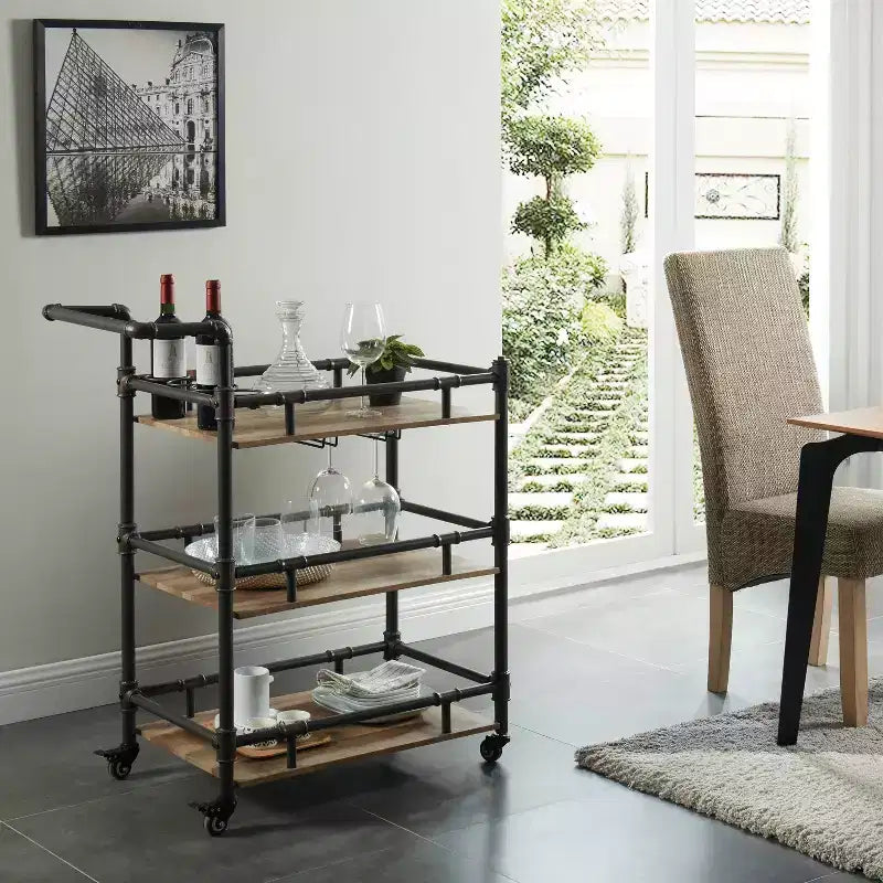 Carrello di servizio a 3 ripiani in metallo Corcoran beige/nero: Carrello da tè e caffè in stile industriale con ruote