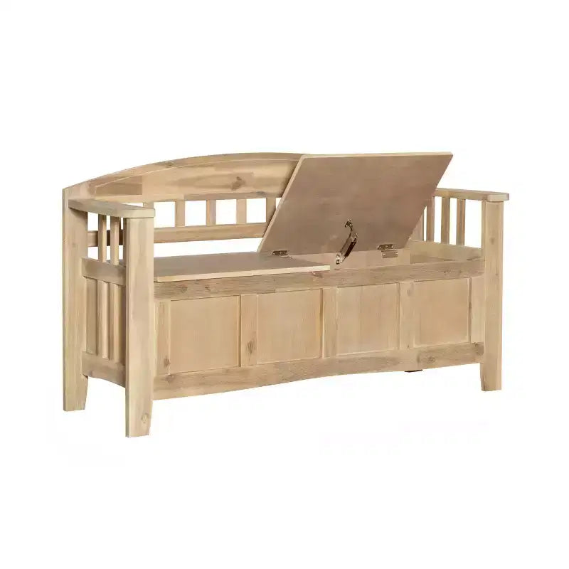 Panca contenitore da 52" Aria Traditional in legno massello con seduta spaccata e finitura lavata, marrone: Mobile da ingresso con schienale