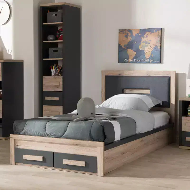Letto a piattaforma Twin Pandora moderno e contemporaneo bicolore con 2 cassetti portaoggetti Grigio scuro/Naturale