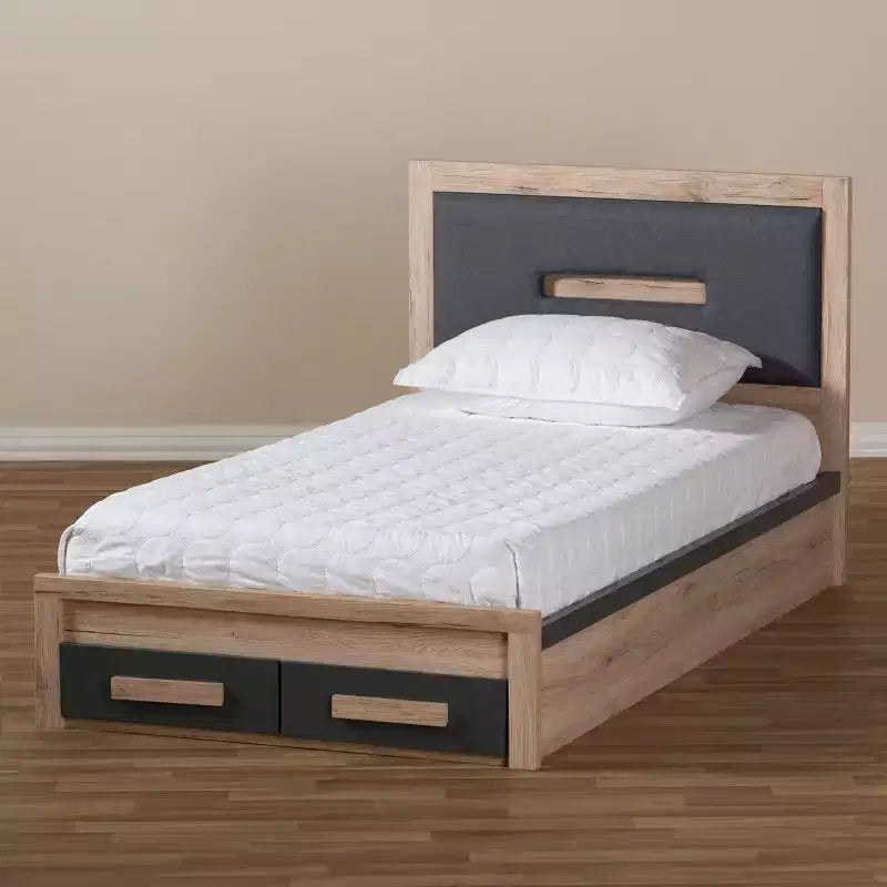Letto a piattaforma Twin Pandora moderno e contemporaneo bicolore con 2 cassetti portaoggetti Grigio scuro/Naturale