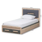 Letto a piattaforma Twin Pandora moderno e contemporaneo bicolore con 2 cassetti portaoggetti Grigio scuro/Naturale