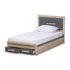 Letto a piattaforma Twin Pandora moderno e contemporaneo bicolore con 2 cassetti portaoggetti Grigio scuro/Naturale