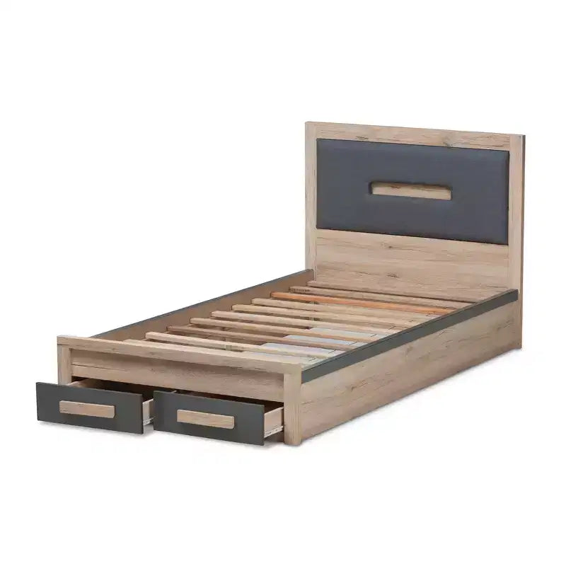 Letto a piattaforma Twin Pandora moderno e contemporaneo bicolore con 2 cassetti portaoggetti Grigio scuro/Naturale