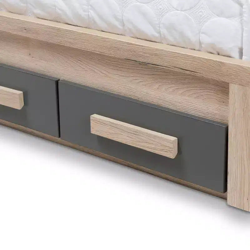 Letto a piattaforma Twin Pandora moderno e contemporaneo bicolore con 2 cassetti portaoggetti Grigio scuro/Naturale