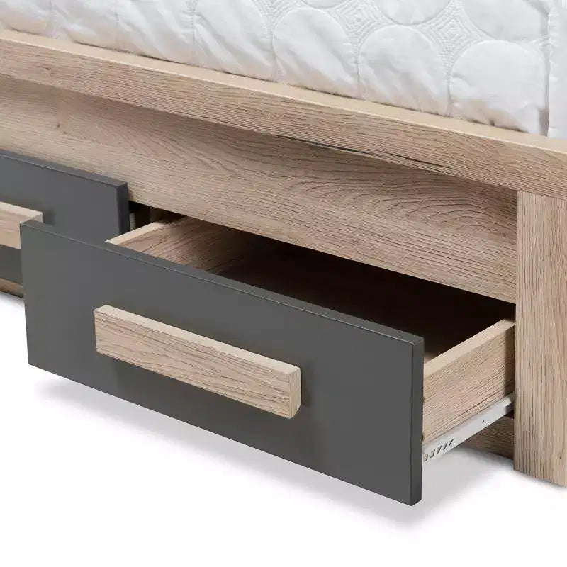 Letto a piattaforma Twin Pandora moderno e contemporaneo bicolore con 2 cassetti portaoggetti Grigio scuro/Naturale