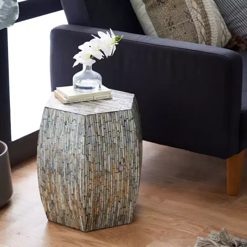 Tavolino esagonale in legno e conchiglia: stile Boho Capiz, nessun montaggio richiesto